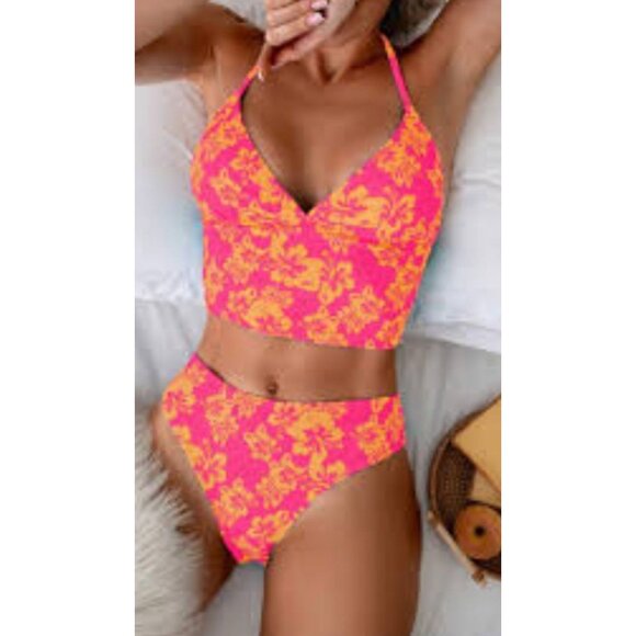 Womens Size Large Floral Halter Tankini Swimsuit Set Tropical Hawaiian Print - Picture 1 of 7